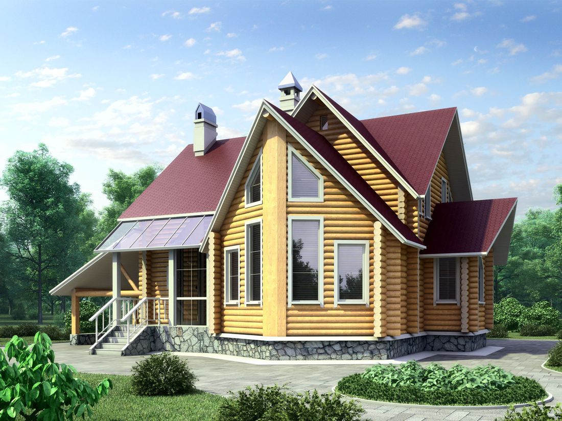 Превью для проекта в портфолио ««Л-Хаус» - проект деревянного дома с мансардой, из бревен, с треугольным эркером в гостиной и кабинетом на 1 эт, навес на 1 авто»