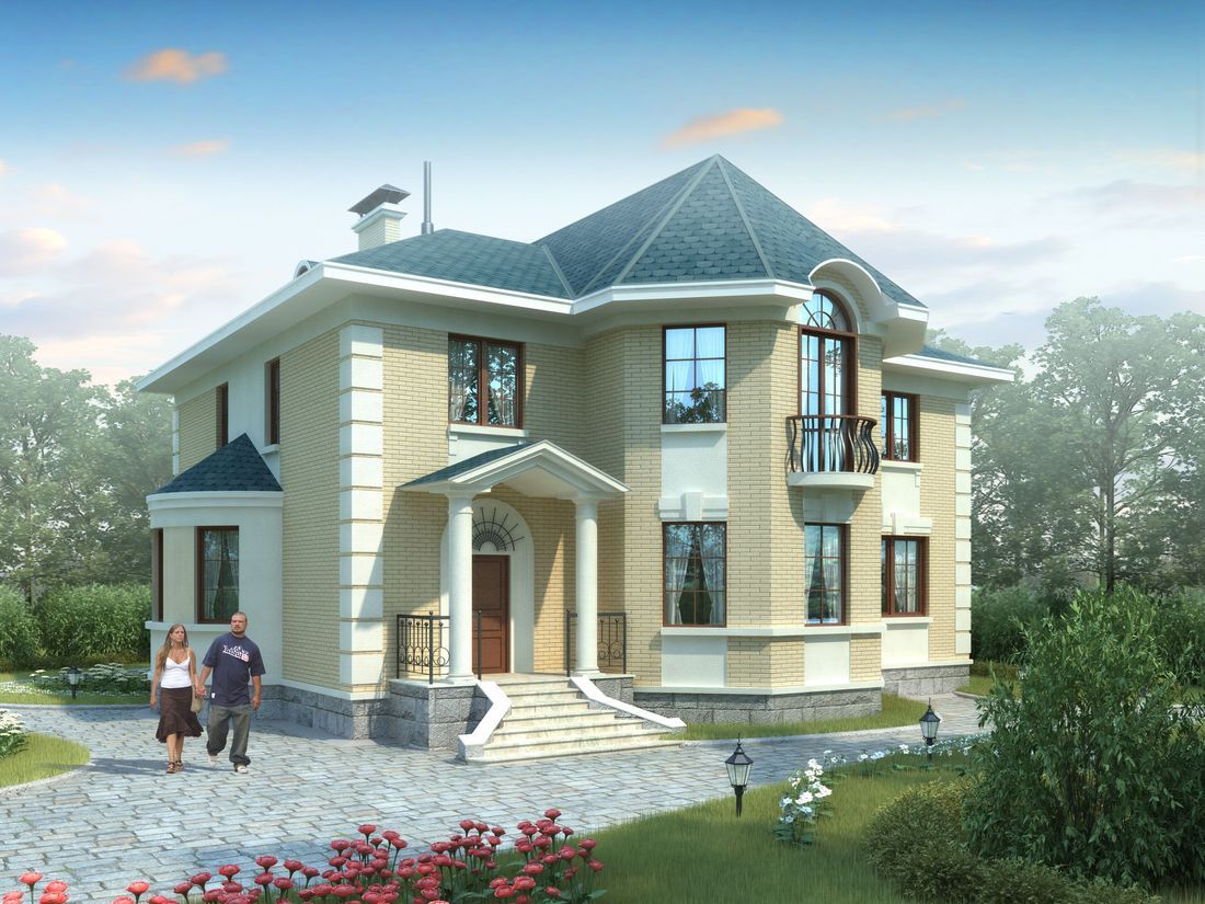 Превью для проекта в портфолио «Красивый особняк. «Белта» - проект двухэтажного дома из газобетона, планировка со вторым светом в гостиной, с эркером и террасой»