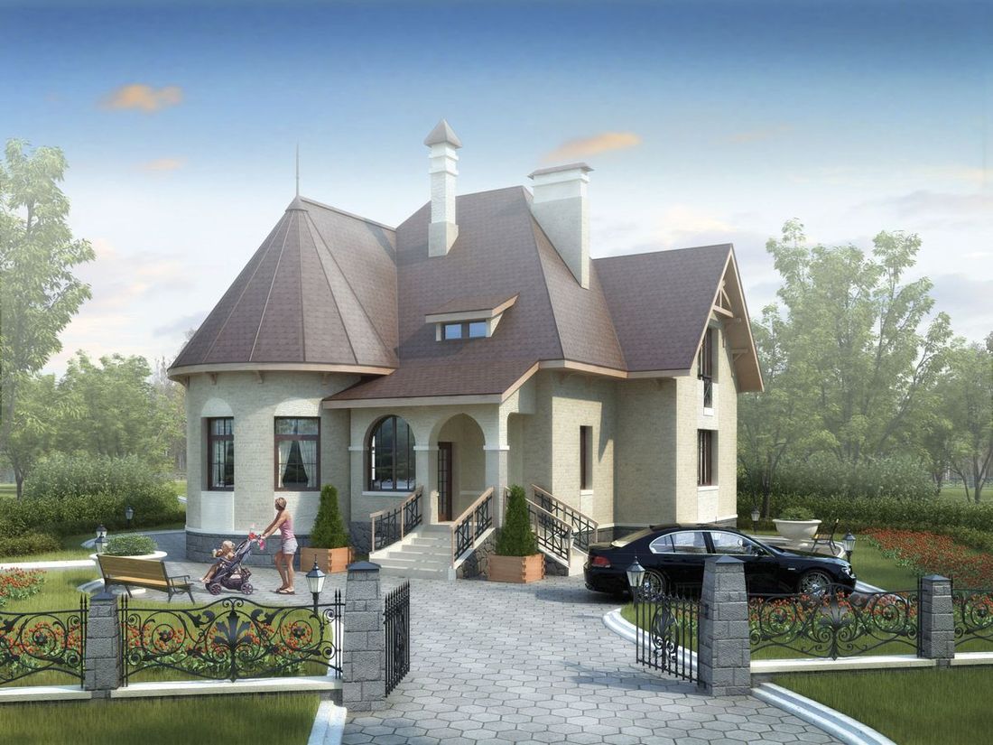 Превью для проекта в портфолио ««Авалон» - проект двухэтажного дома с полукруглым эркером, с террасой, с башней в стиле замка»