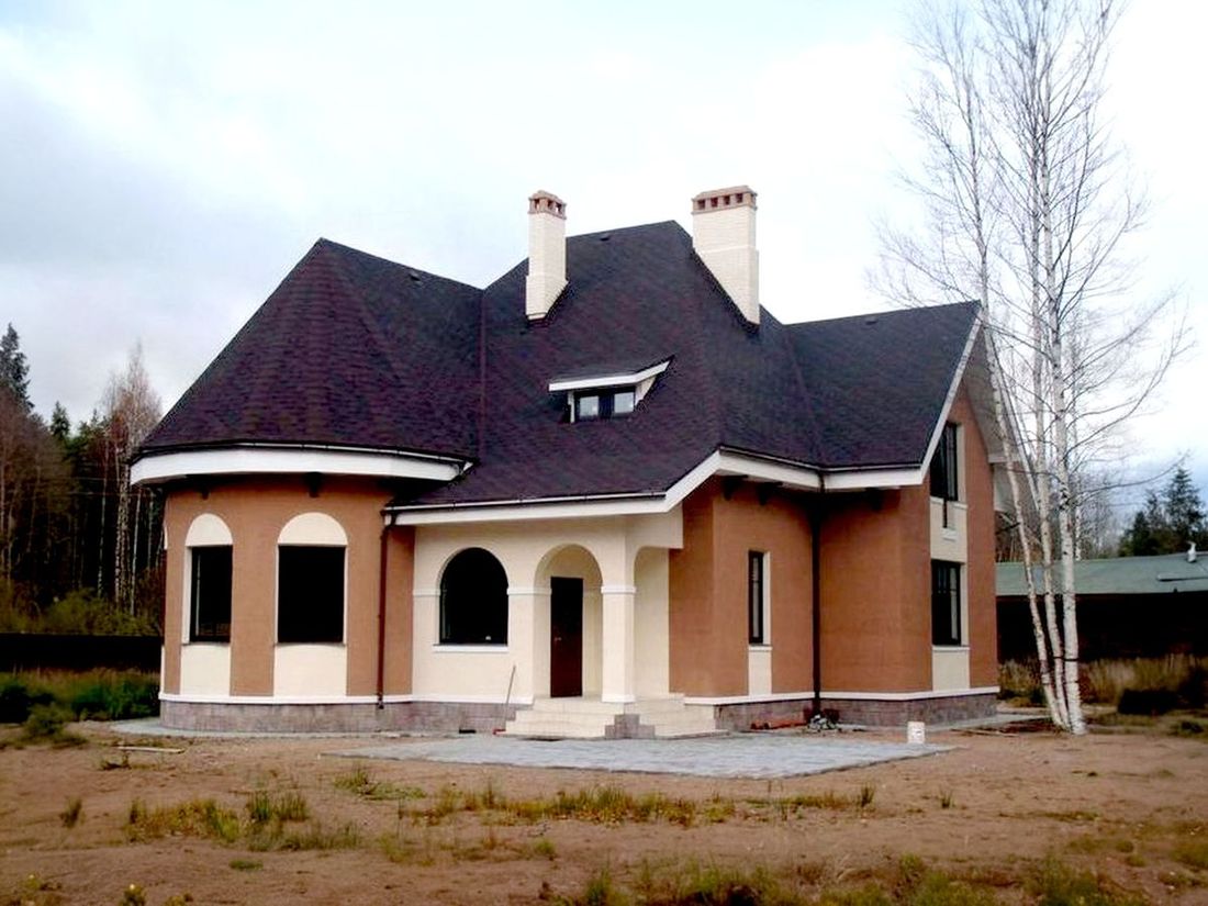 Превью для проекта в портфолио ««Авалон» - проект двухэтажного дома с полукруглым эркером, с террасой, с башней в стиле замка»