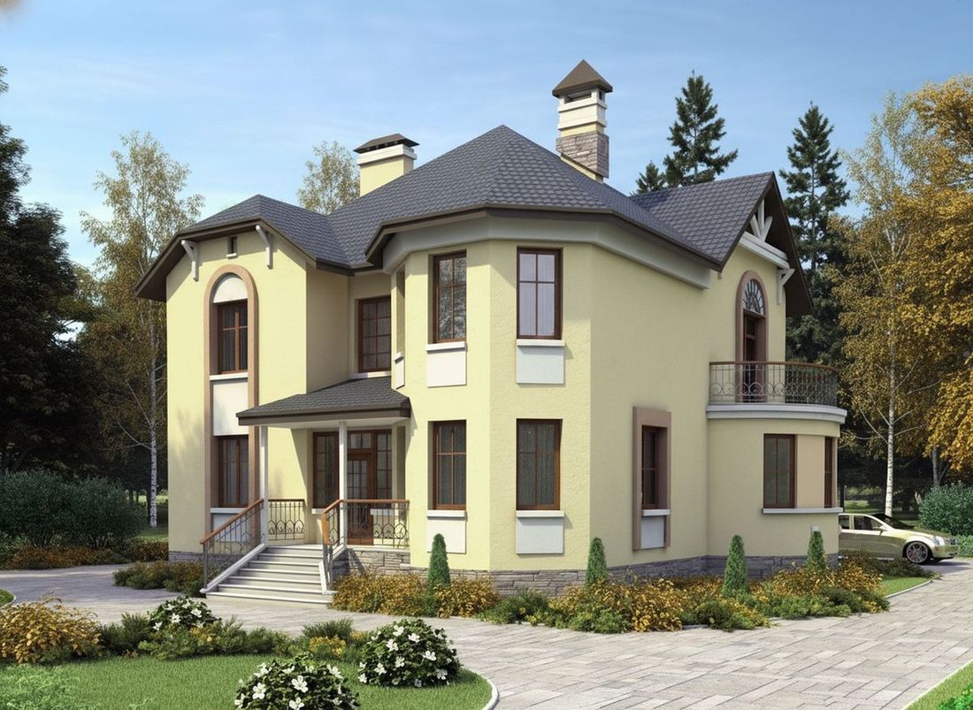 Превью для проекта в портфолио ««Амбиент» - проект двухэтажного дома из газобетона, с эркером и с террасой, открытая планировка»