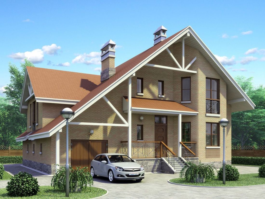 Превью для проекта в портфолио ««Престиж» - проект дома с террасой и с гаражом, фасад дома с эркером, из кирпича, в стиле шале»