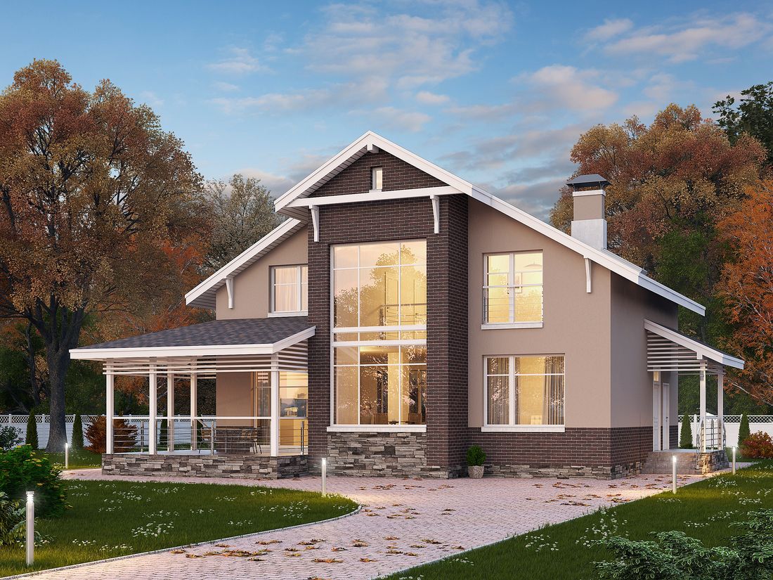 Превью для проекта в портфолио «Красивый дом из серии "Паруса". «Регата» - проект дома с мансардой, столовая со вторым светом, с террасой, мастер спальня»