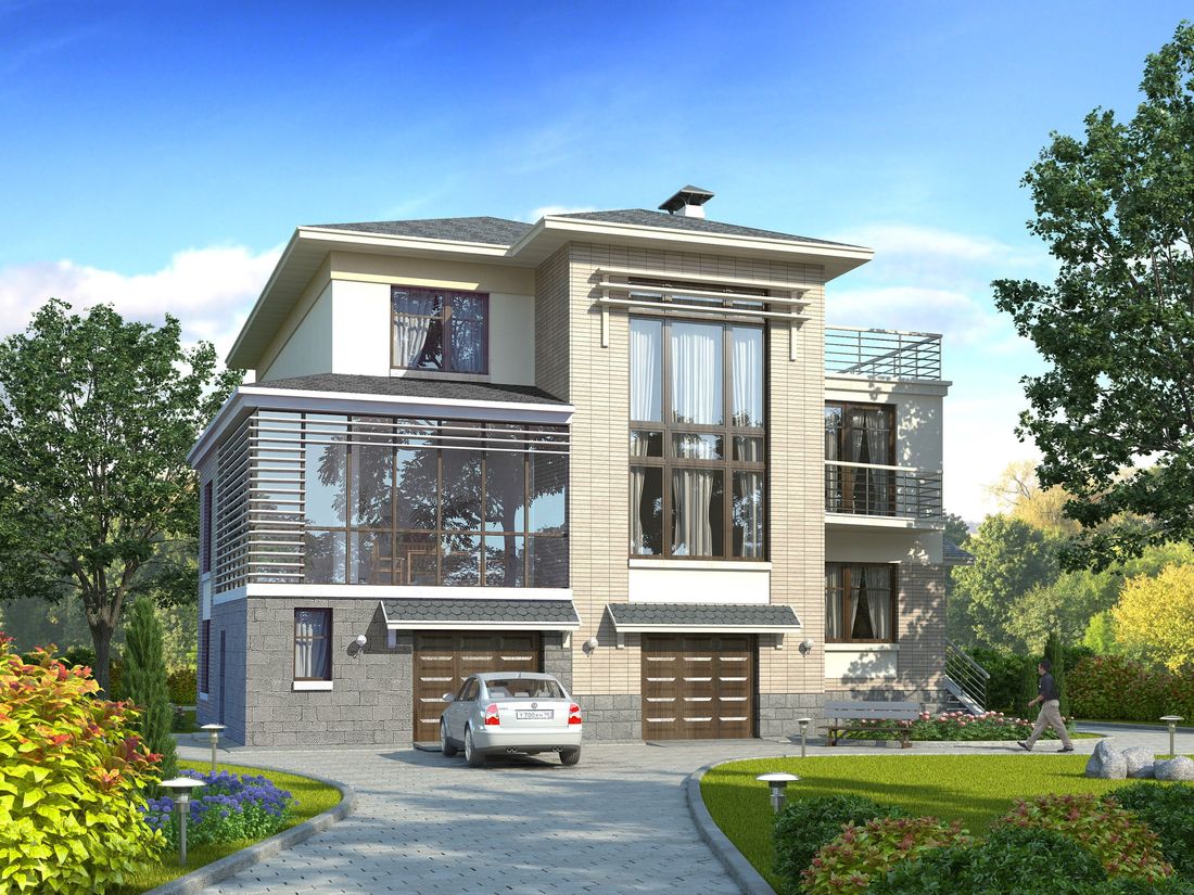 Превью для проекта в портфолио «Особняк. «Три семерки» - проект трехэтажного дома, гараж в цоколе, второй свет и панорамные окна»