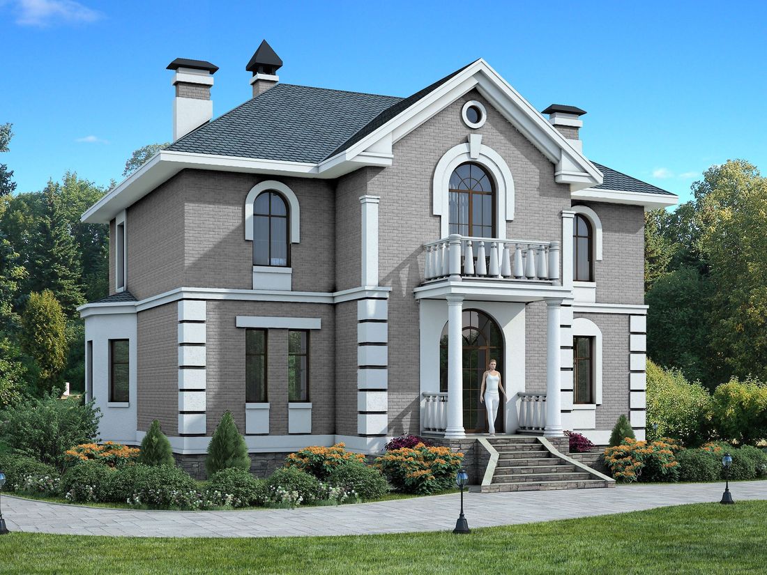 Превью для проекта в портфолио «Дом в классическом стиле. «Петровское барокко» - проект двухэтажного дома, лестница в центре гостиной, с эркером и с террасой»