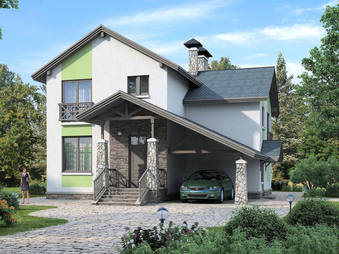 Превью для проекта в портфолио ««Премьера» - проект двухэтажного дома, компактная рациональная планировка, с сауной, навес на 1 авто»