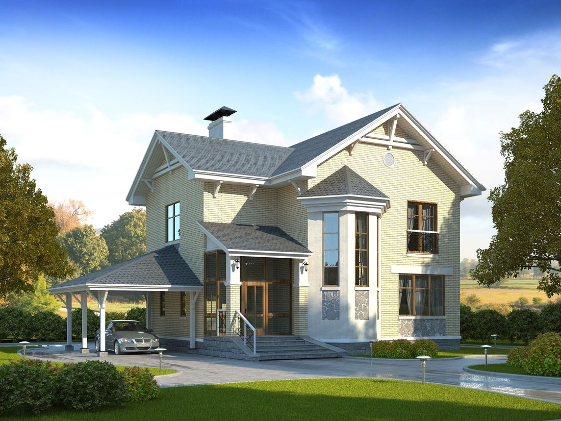 Превью для проекта в портфолио ««Лидер» - проект двухэтажного дома, с эркером и с террасой, с навесом для авто»