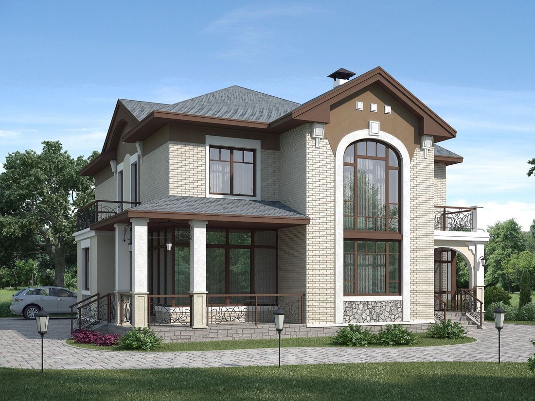 Превью для проекта в портфолио ««Голицын»- проект двухэтажного дома, с двусветной гостиной и с террасой, в стиле модерн»