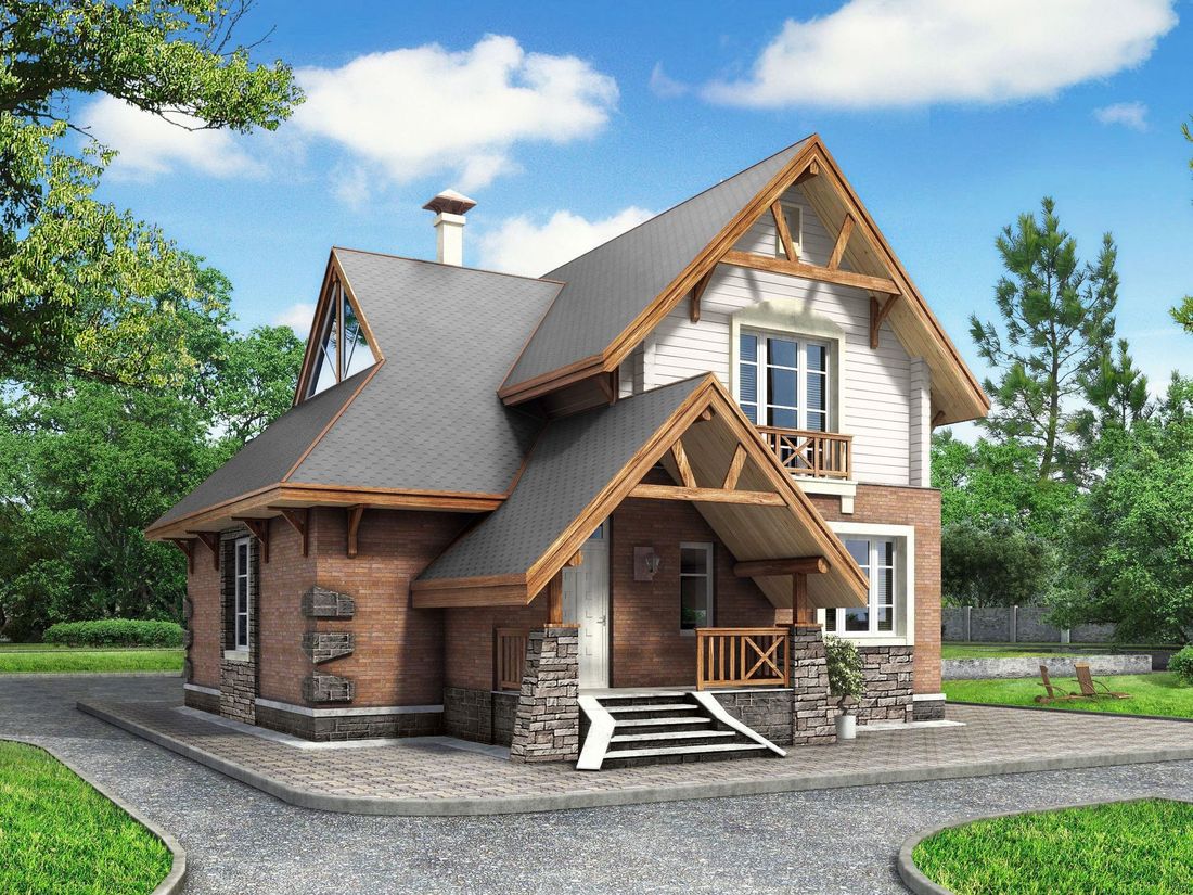 Превью для проекта в портфолио ««Альпенхаус»- проект дома с мансардой, высокий потолок в гостиной, в стиле шале, 1 эт из кирпича, 2 эт из бруса»