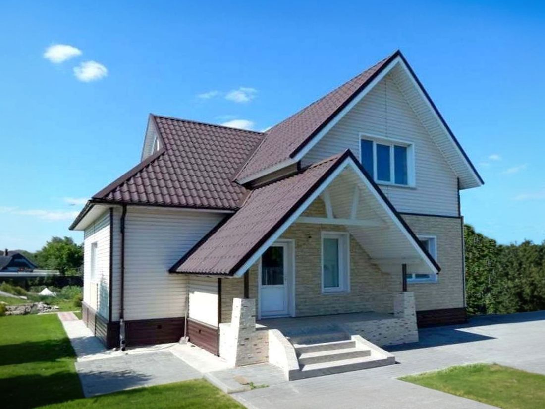 Превью для проекта в портфолио ««Альпенхаус»- проект дома с мансардой, высокий потолок в гостиной, в стиле шале, 1 эт из кирпича, 2 эт из бруса»