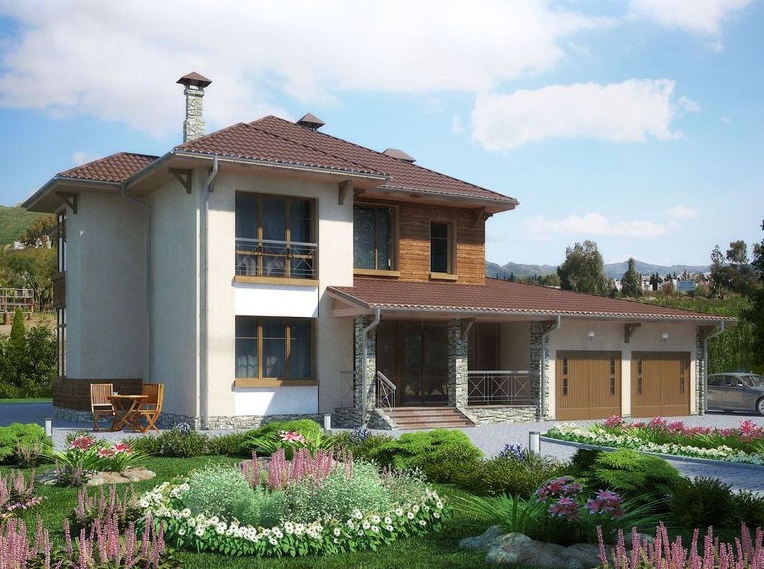 Превью для проекта в портфолио ««Монтекки» - проект двухэтажного дома, с террасой, с гаражом на 2 авто»