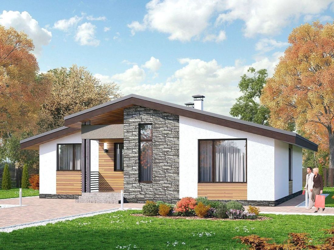 Превью для проекта в портфолио ««Калисто» - проект одноэтажного дома из газобетона, в скандинавском стиле, с террасой и с островным камином»