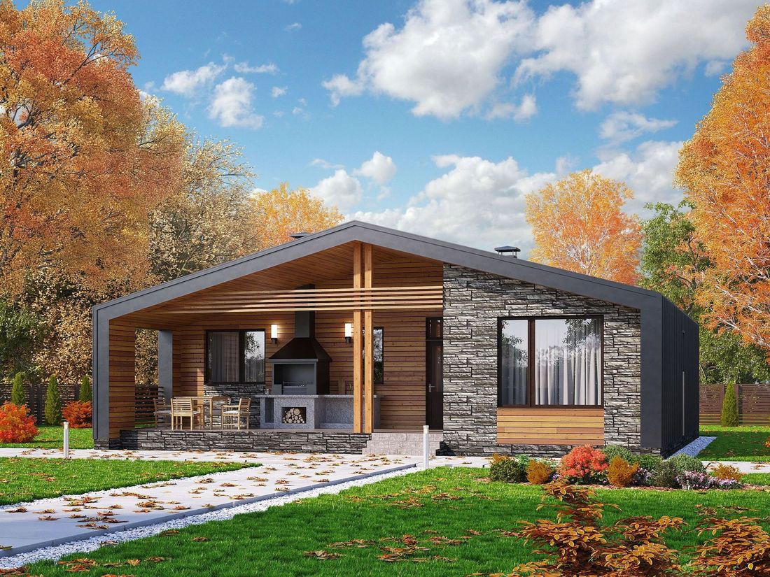 Превью для проекта в портфолио «Каркасник в стиле БАРН. «Эпсилон» - проект одноэтажного каркасного дома с террасой со стороны входа»