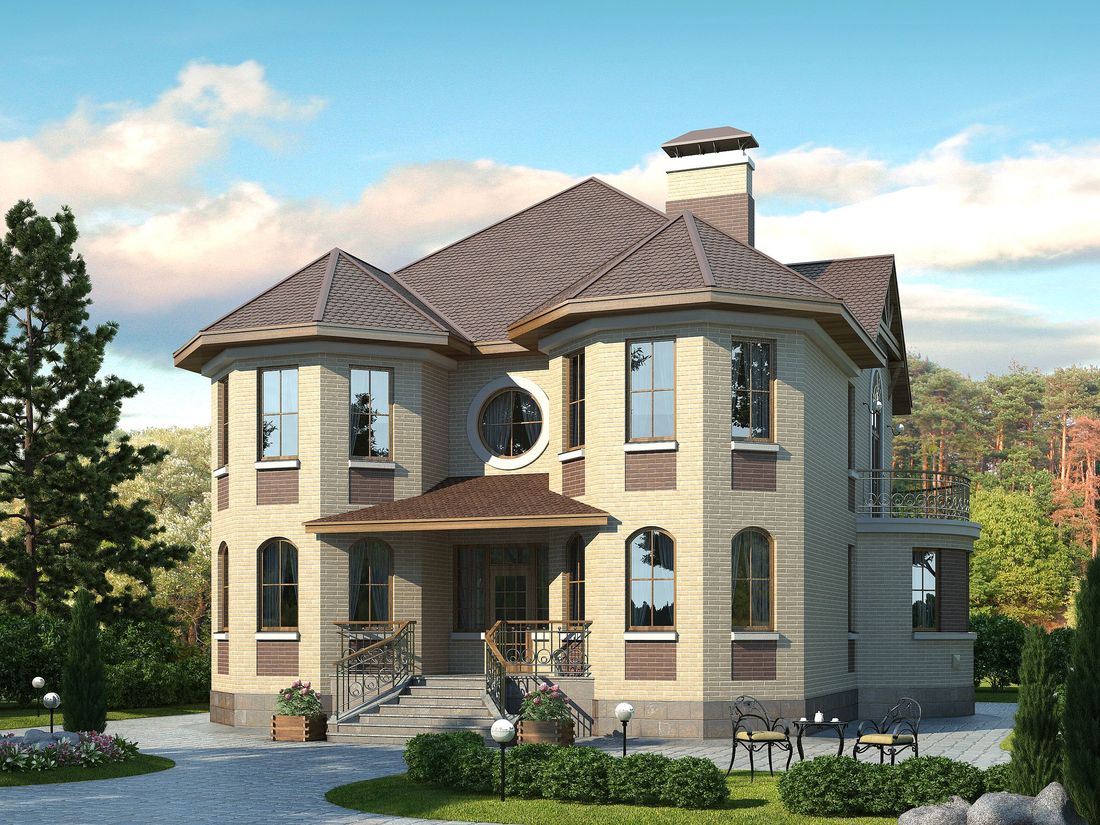 Превью для проекта в портфолио ««Амбиент»- проект двухэтажного дома с эркером и с террасой, открытая планировка, в стиле замка»