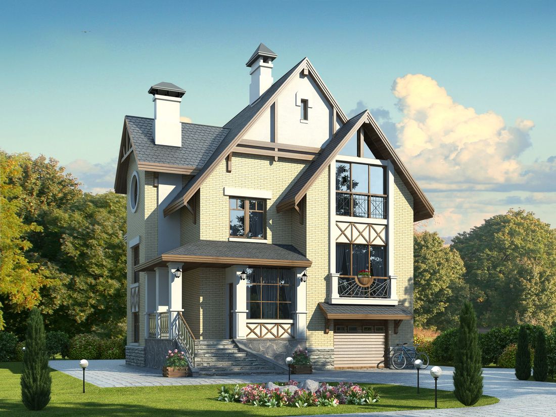 Превью для проекта в портфолио «Проект трехэтажного дома из газобетона «Индиго», с гаражом в цоколе»