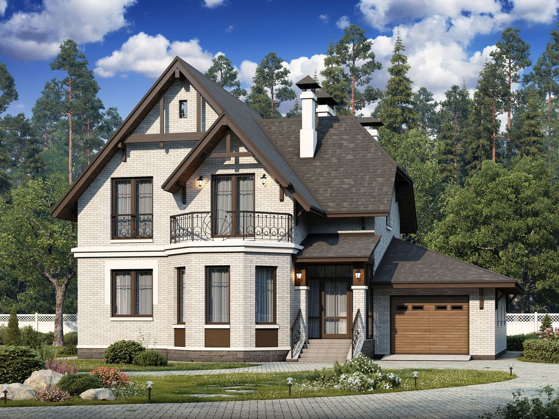 Превью для проекта в портфолио «Популярный проект. Проект двухэтажного дома из газобетона «Шевалье» с террасой, с гаражом и с эркером»