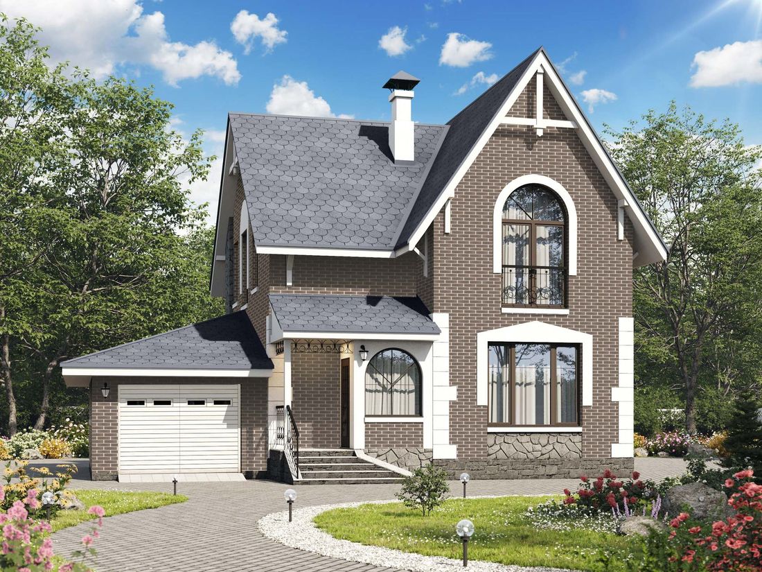 Превью для проекта в портфолио «Проект дома с мансардой из газобетона «Оптима», планировка 3 спальни, с гаражом»