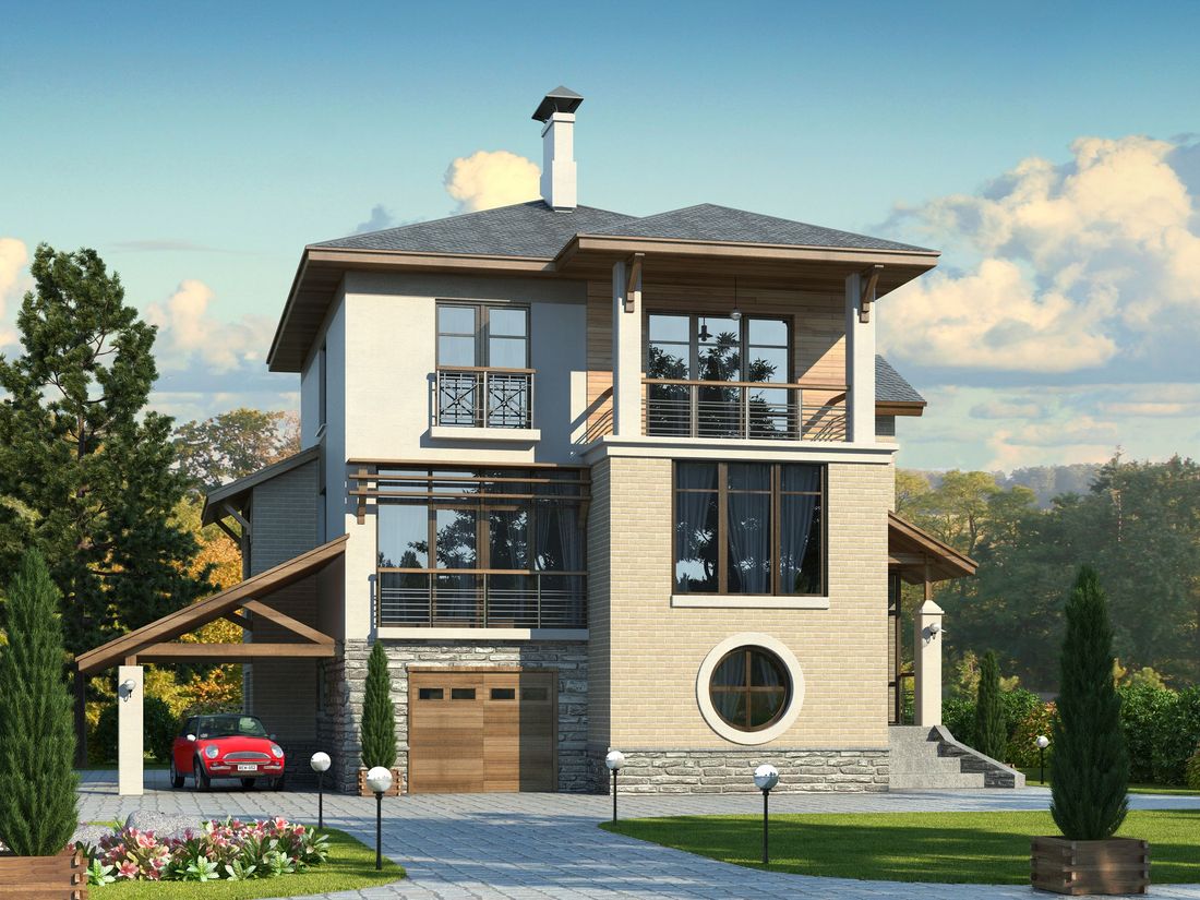 Превью для проекта в портфолио «Проект трехэтажного дома из газобетона «Аура», с гаражом в цоколе, с сауной и спортзалом, с балконом и круглым окном»