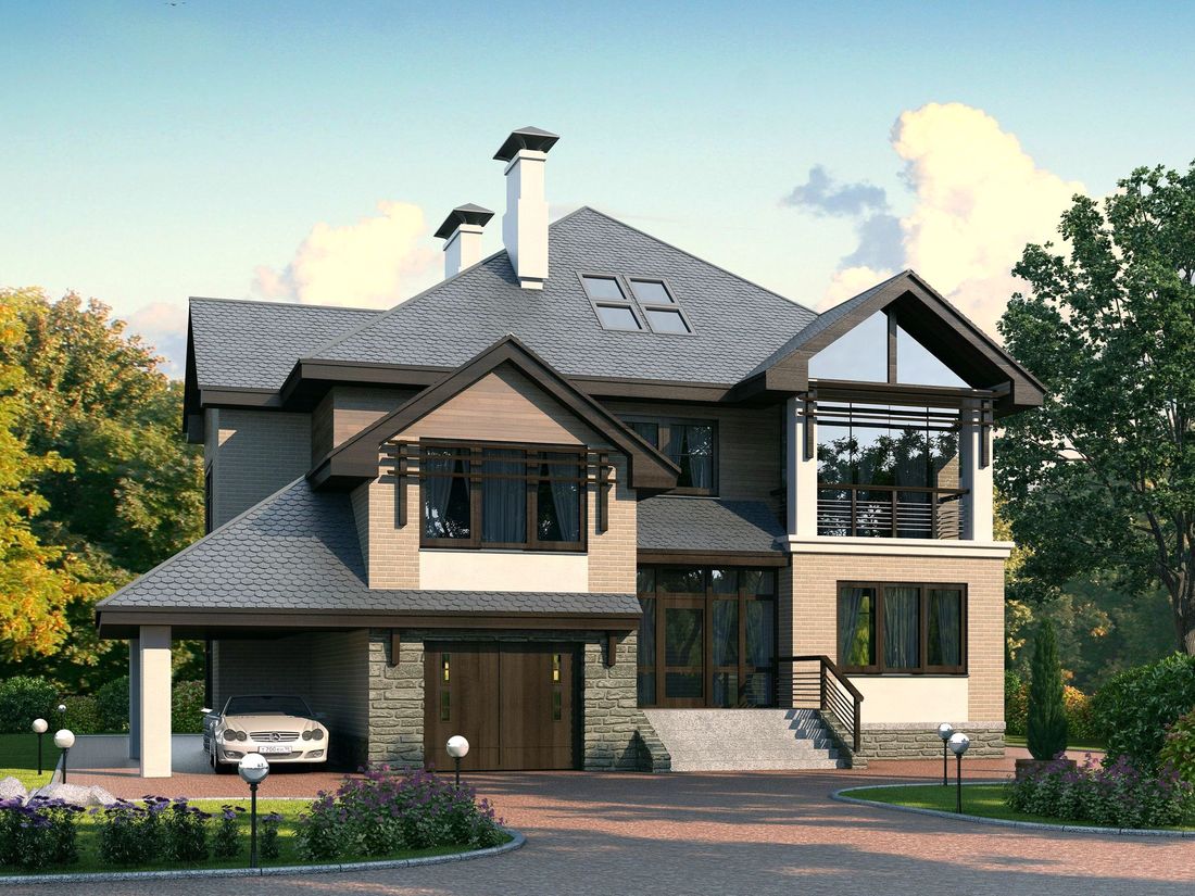 Превью для проекта в портфолио « «Современник» - проект двухэтажного дома, с гаражом, с сауной, вторым светом гостиной, с мансардой в чердаке»