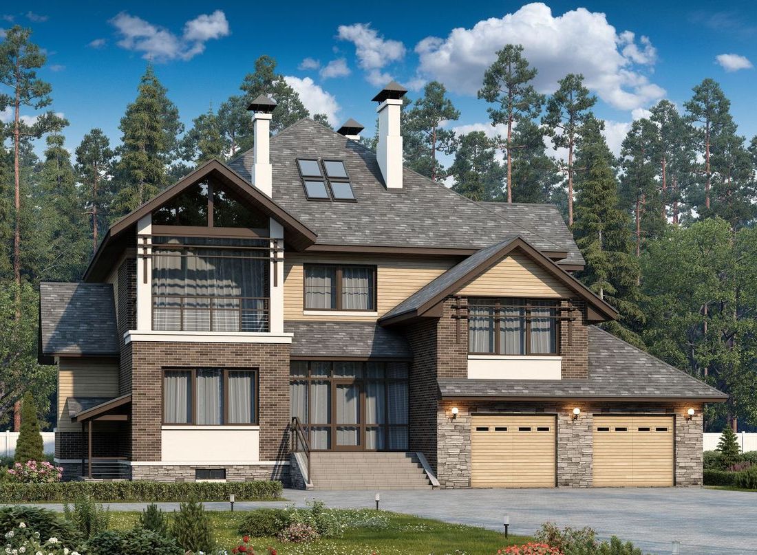 Превью для проекта в портфолио ««Современник» - проект двухэтажного дома, с гаражом, с сауной, вторым светом гостиной, с цокольным этажом»