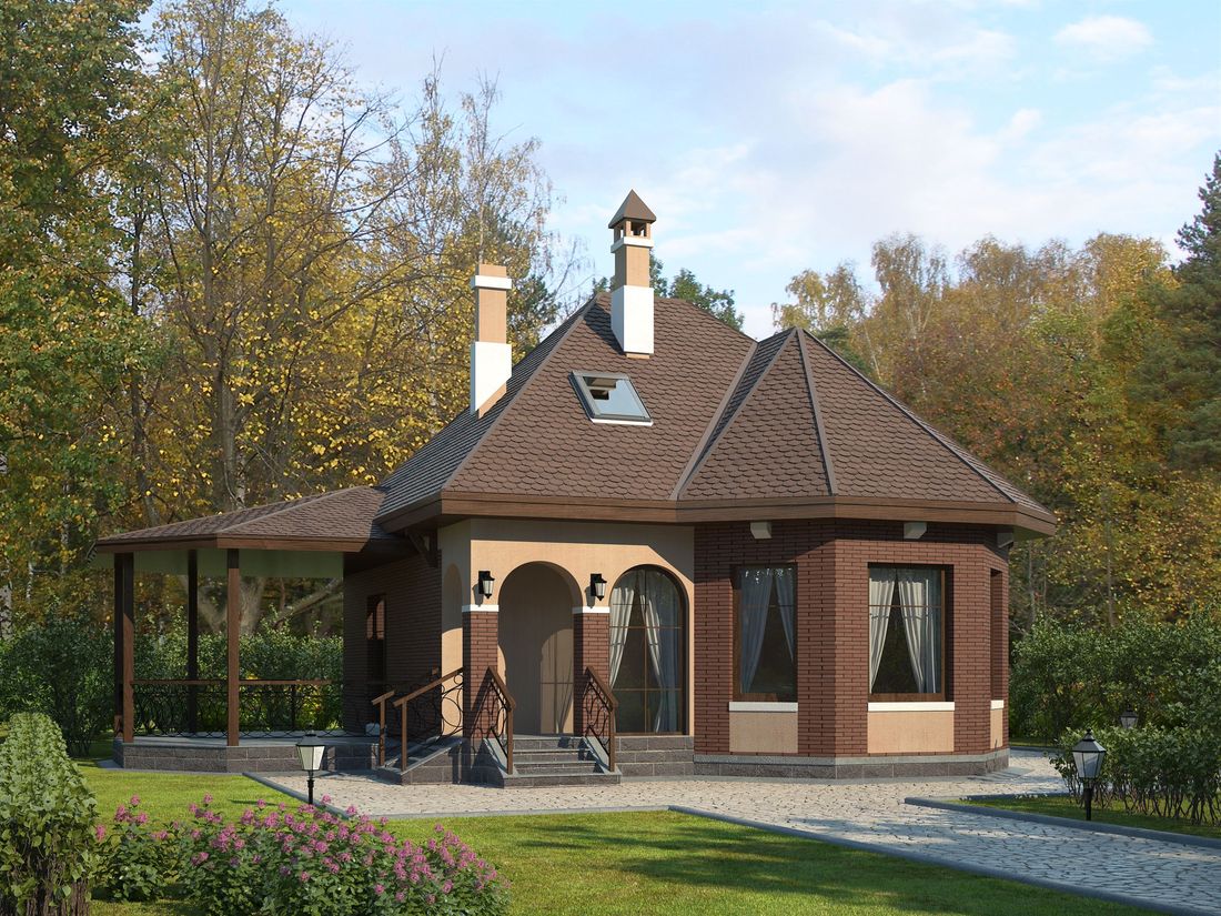 Превью для проекта в портфолио ««Душечка» - проект дома с мансардой, планировка со вторым светом в гостиной, с террасой сбоку»