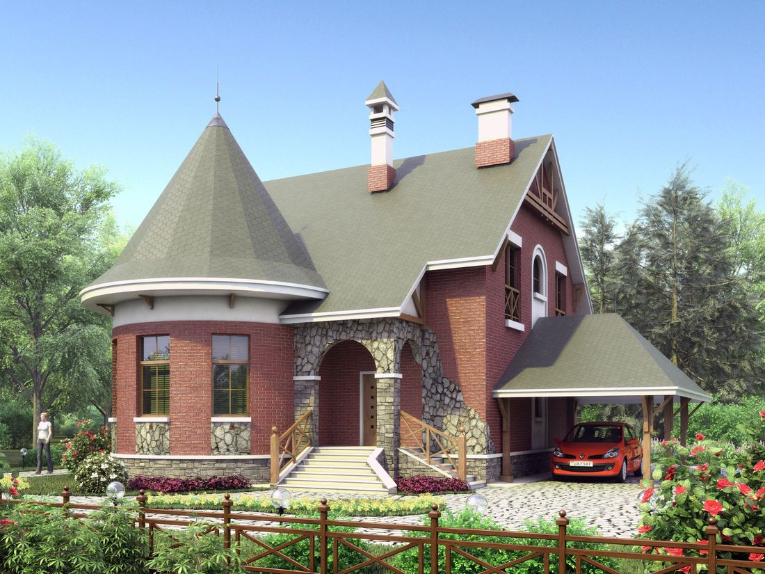 Превью для проекта в портфолио ««Альтбург» - проект дома с мансардой, с полукруглым эркером и с навесом для 1 авто, в стиле замка»