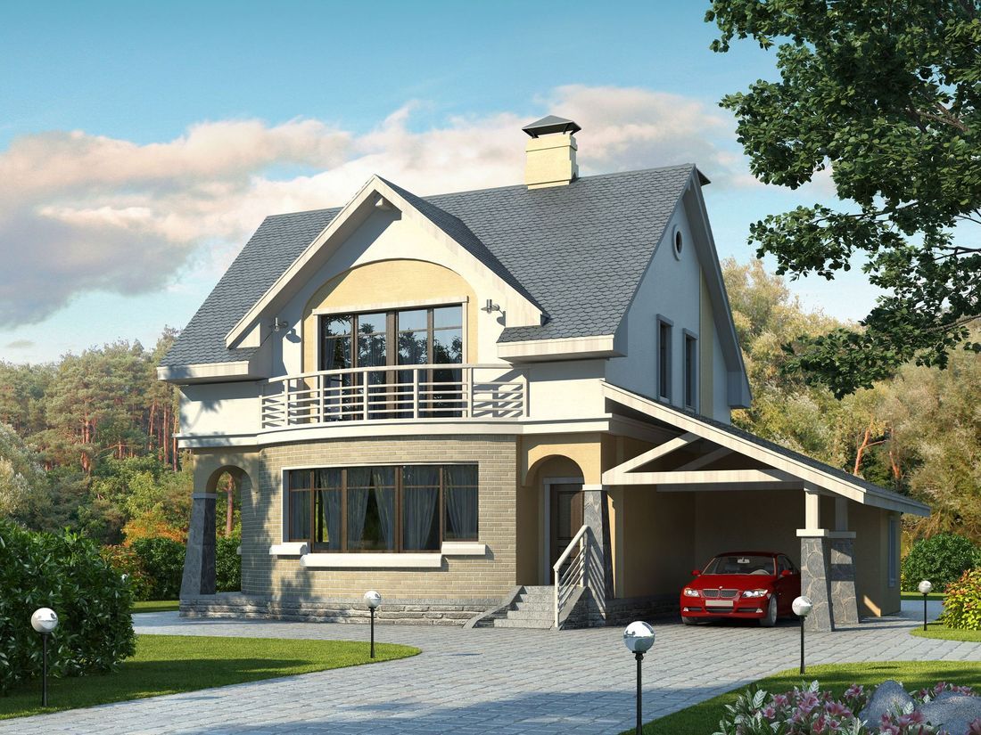 Превью для проекта в портфолио «Проект двухэтажного дома из газобетона «Боген» с полукруглой гостиной, с террасой и гаражом»