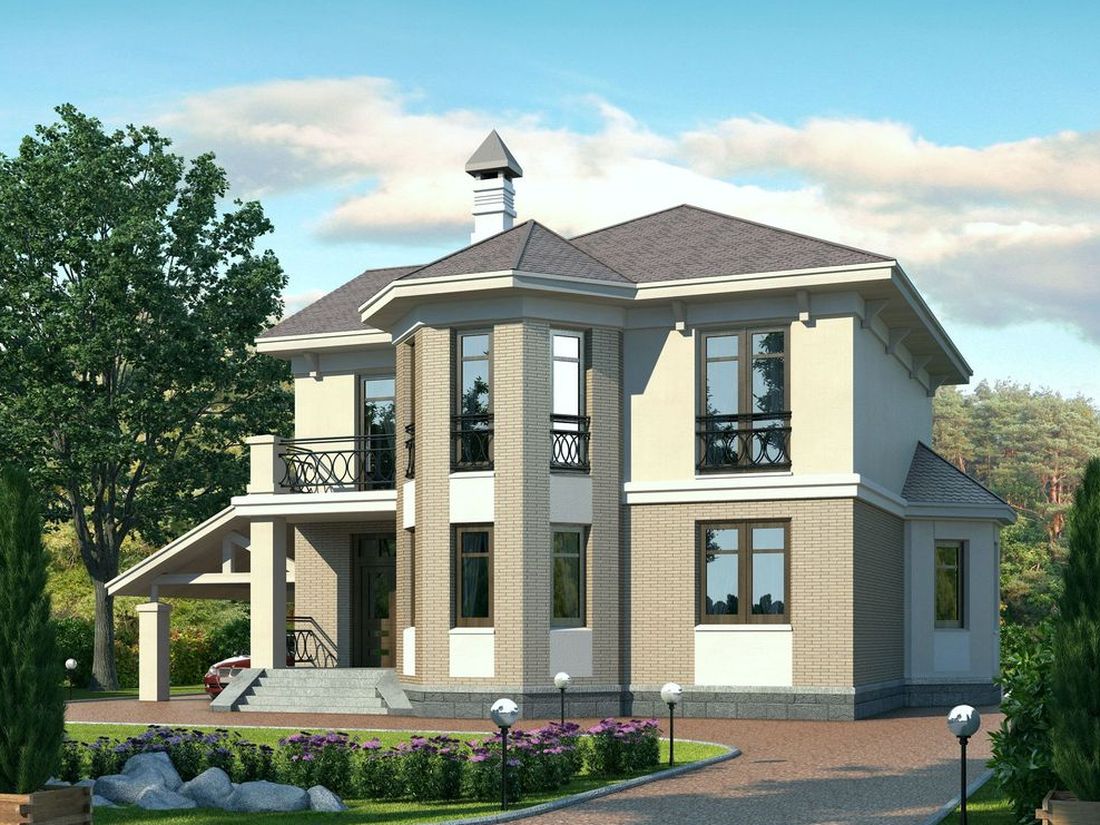 Превью для проекта в портфолио ««Классика» - проект двухэтажного дома с эркером и с навесом для авто»