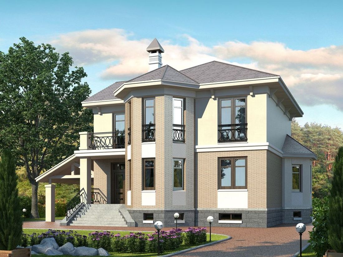 Превью для проекта в портфолио ««Классика плюс» - проект двухэтажного дома с эркером, с сауной и спортзалом в цокольном этаже»