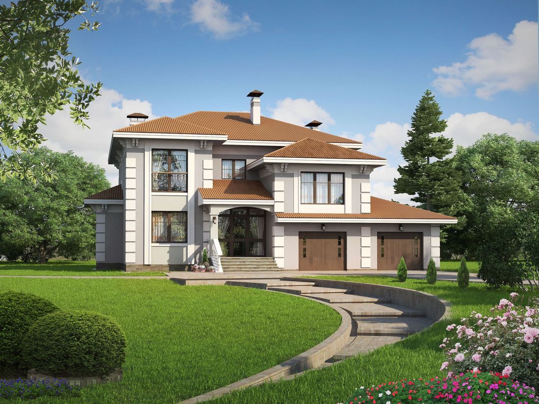 Превью для проекта в портфолио ««Привилегия» - проект двухэтажного дома из кирпиечй, с двусветной гостиной, с террасой, с гаражом на 2 авто»