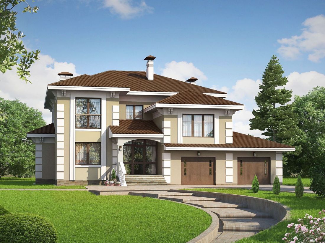 Превью для проекта в портфолио ««Привилегия» - проект двухэтажного дома из кирпиечй, мастер-спальня, с террасой, с гаражом на 2 авто»