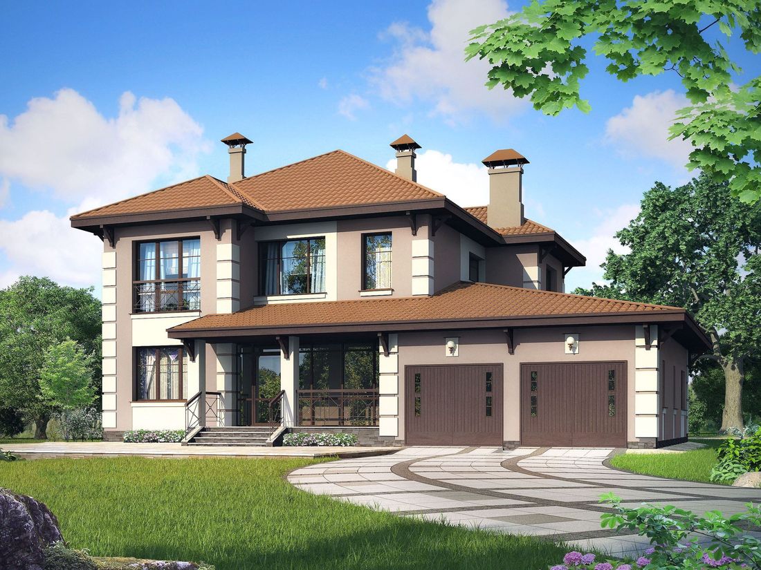 Превью для проекта в портфолио ««Капулетти» - проект двухэтажного дома с террасой, планировка со вторым светом в холле, с гаражом на 2 авто»