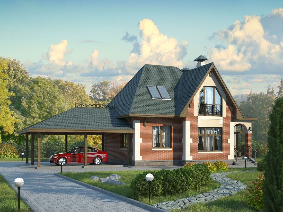 Превью для проекта в портфолио ««Летний вечер» - проект дома с мансардой из газоблоков, с нaвесом на 2 авто»