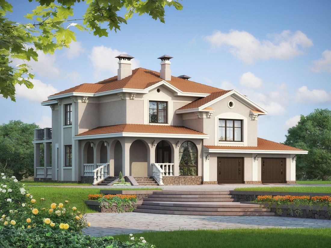 Превью для проекта в портфолио ««Беатрис» - проект двухэтажного дома из кирпича, с террасой и с гаражом на 2 авто»