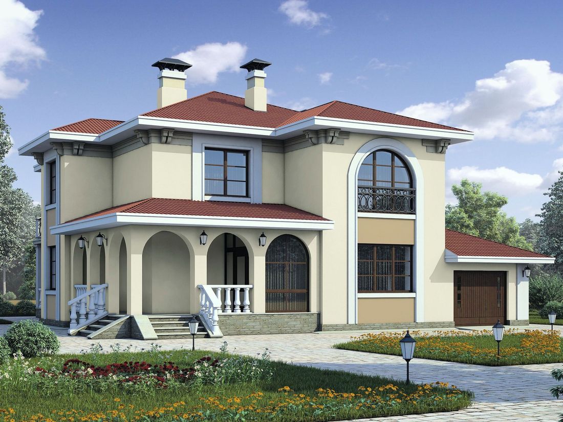 Превью для проекта в портфолио ««Беатрис» - проект двухэтажного дома из кирпича, с террасой и с гаражом на 1 авто»