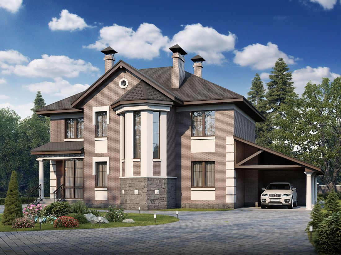 Превью для проекта в портфолио ««Монплезир» - проект двухэтажного дома,с эркером и с террасой, навес на 1 авто»