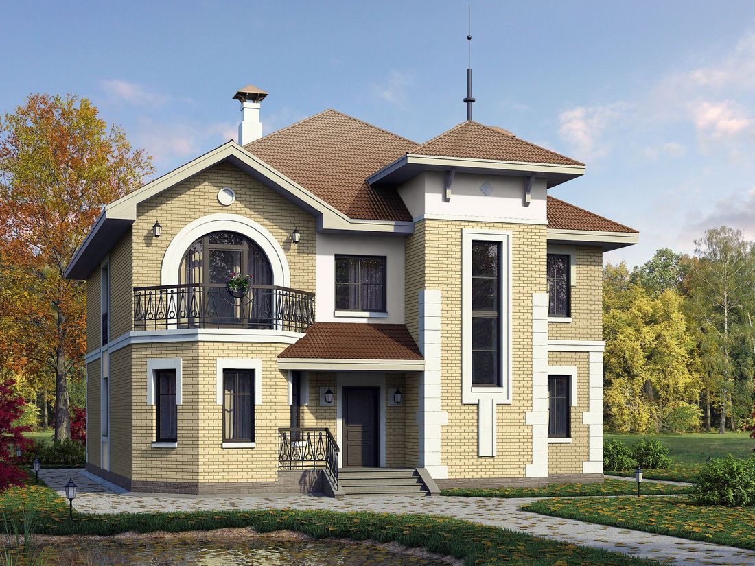 Превью для проекта в портфолио ««Феникс» - проект двухэтажного дома, с эркером и с террасой, планировка с кабинетом на 1 эт и вторым светом в столовой»