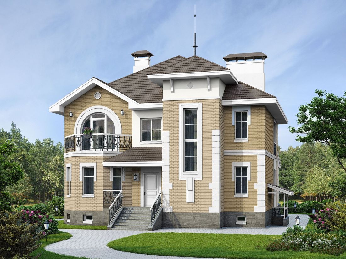 Превью для проекта в портфолио ««Феникс» - проект двухэтажного дома, с эркером и с террасой, планировка с кабинетом на 1 эт и цокольным этажом»