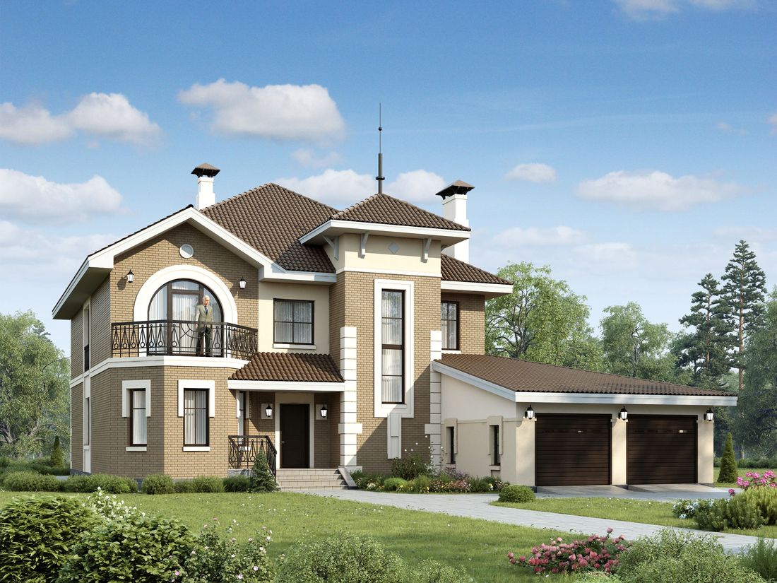 Превью для проекта в портфолио ««Феникс» - проект двухэтажного дома, с эркером и с террасой, планировка с кабинетом на 1 эт, гараж на 2 авто»