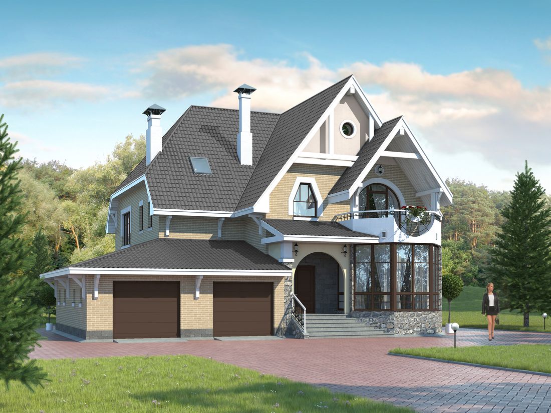 Превью для проекта в портфолио ««Белый ветер» - проект двухэтажного дома с мансардой, с эркером, гараж на 2 авто, в стиле модерн»