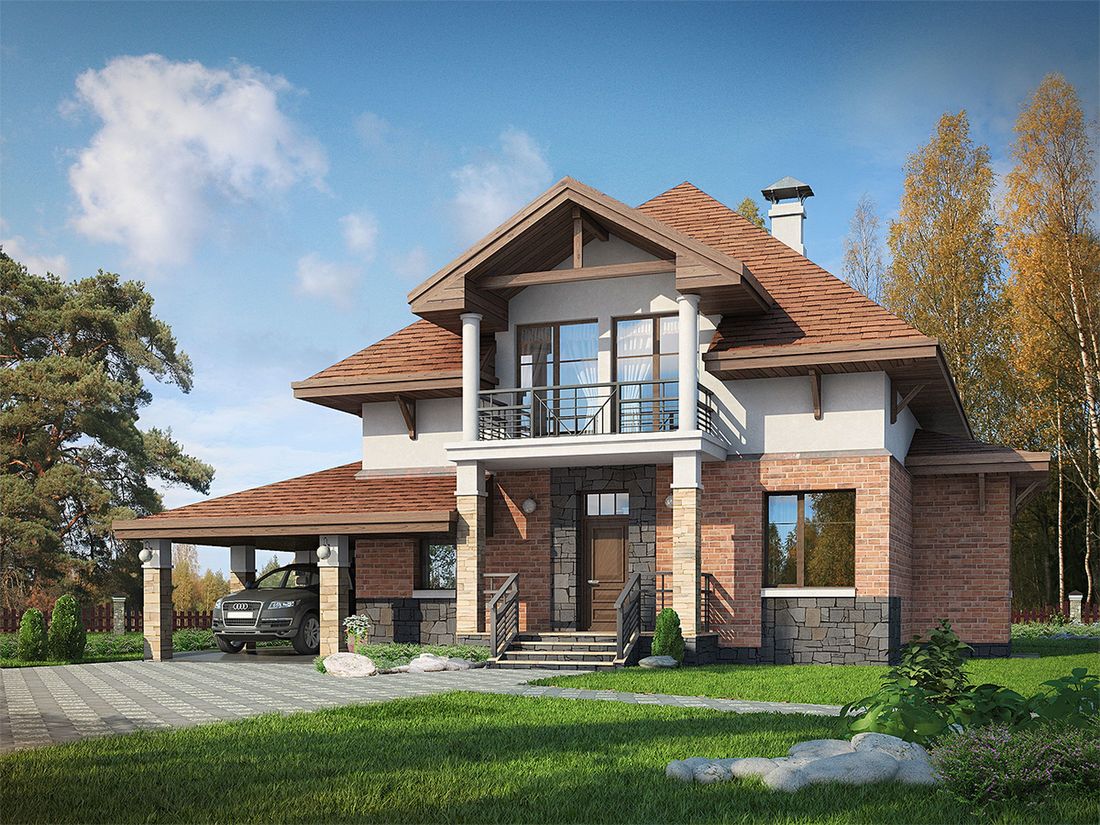 Превью для проекта в портфолио ««Брилланте» - проект дома с мансардой, из кирпичей, с террасой и гаражом-навесом, с пирамидальной кровлей»