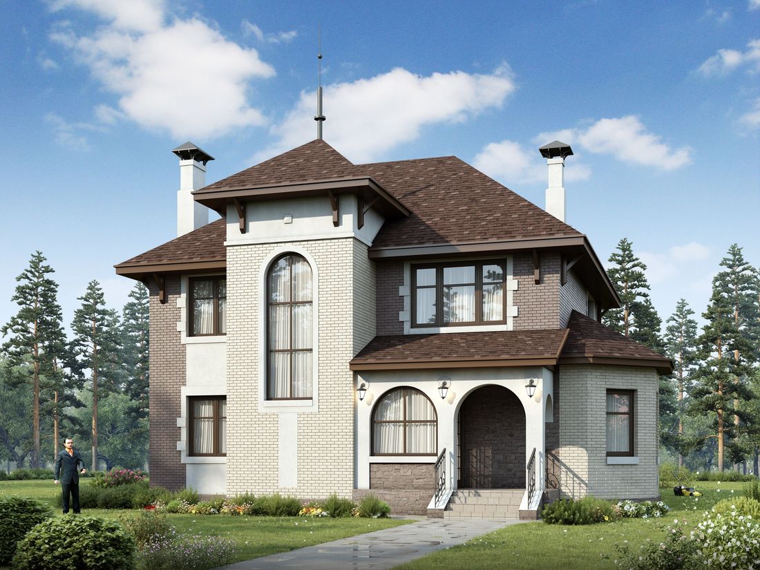 Превью для проекта в портфолио ««Маленький принц» - проект двухэтажного дома, с эркером и с террасой, планировка с кабинетом на 1 эт, в стиле замка»