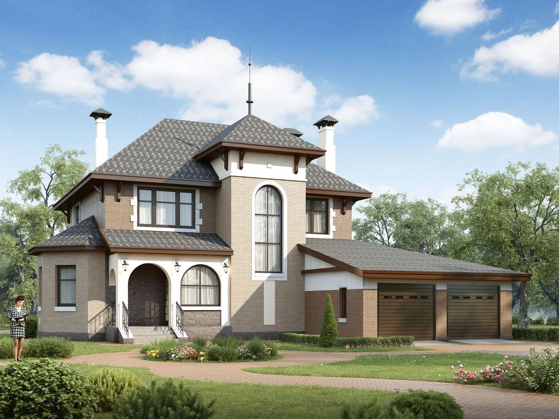 Превью для проекта в портфолио ««Маленький принц» - проект двухэтажного дома, с эркером и с террасой, планировка с кабинетом на 1 эт и гаражом на 2 авто»