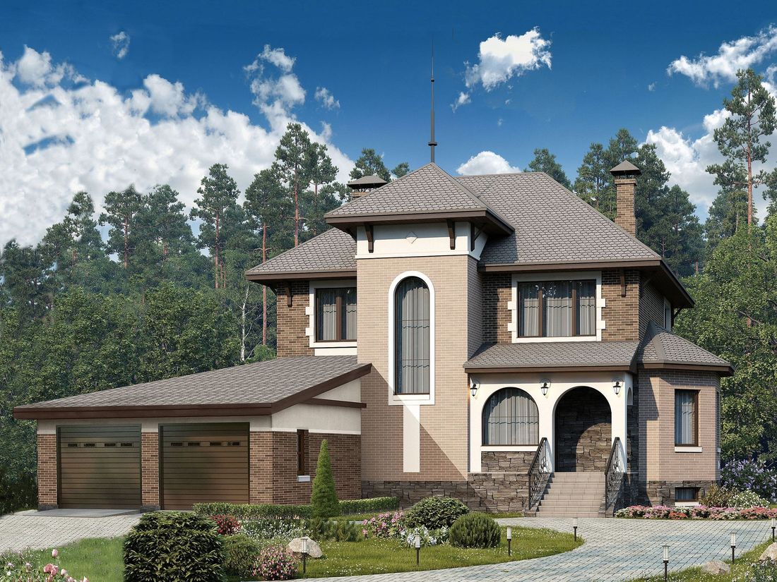 Превью для проекта в портфолио ««Маленький принц» - проект двухэтажного дома, с эркером и с террасой, с кабинетом на 1 эт, с цокольным этажом и гаражом»