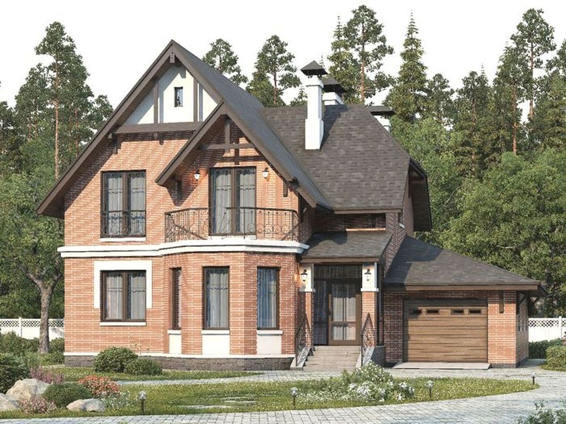 Превью для проекта в портфолио «Проект двухэтажного дома из газобетона «Шевалье» с террасой, с гаражом и с эркером»