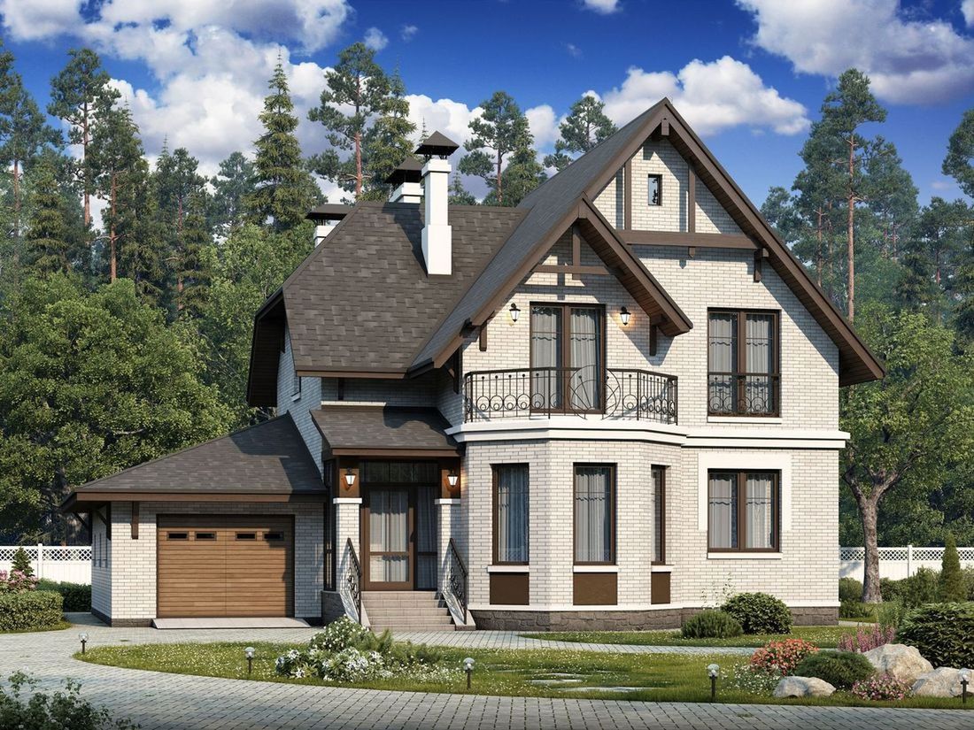 Превью для проекта в портфолио «Проект двухэтажного дома из газобетона «Шевалье» с кабинетом на 1 эт, с эркером и гаражом»