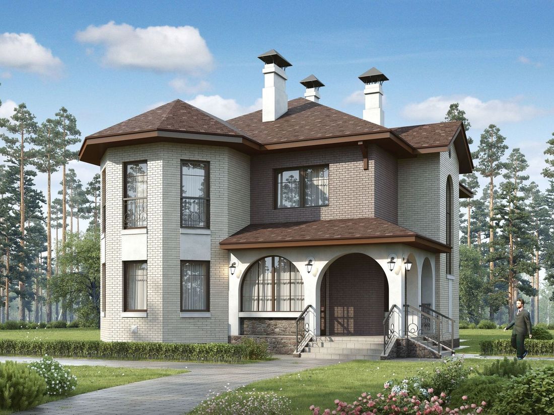 Превью для проекта в портфолио ««Эллада» - проект двухэтажного дома, с эркером и с террасой, планировка с кабинетом на 1 эт, в русском стиле»