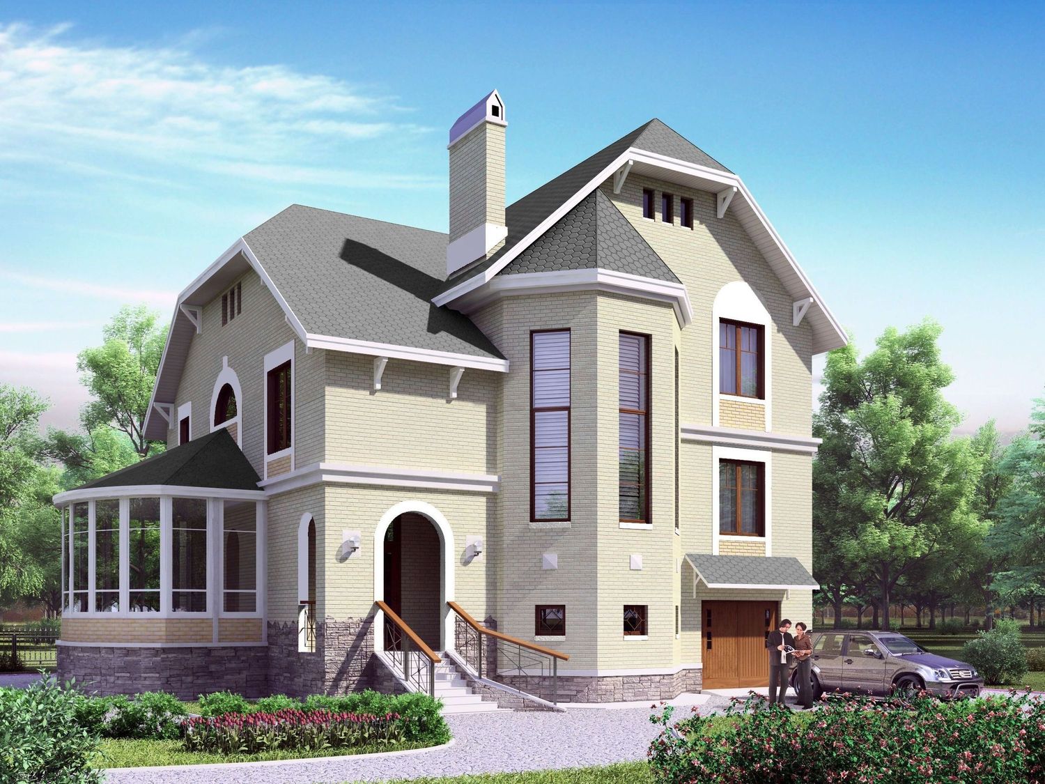 Превью для проекта в портфолио ««Верона» - проект трехэтажного дома, с эркером и с верандой, с гаражом»