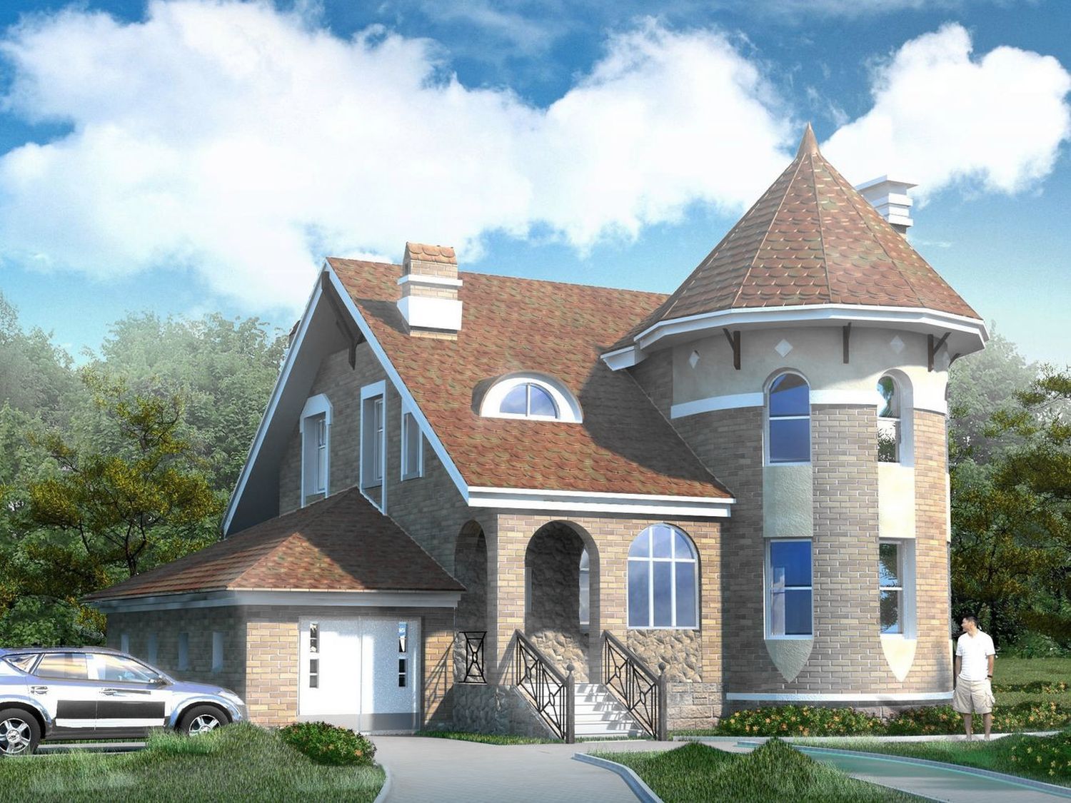 Превью для проекта в портфолио ««Камелот» - проект двухэтажного дома, с эркером башня, с террасой и с гаражом, в стиле замка»