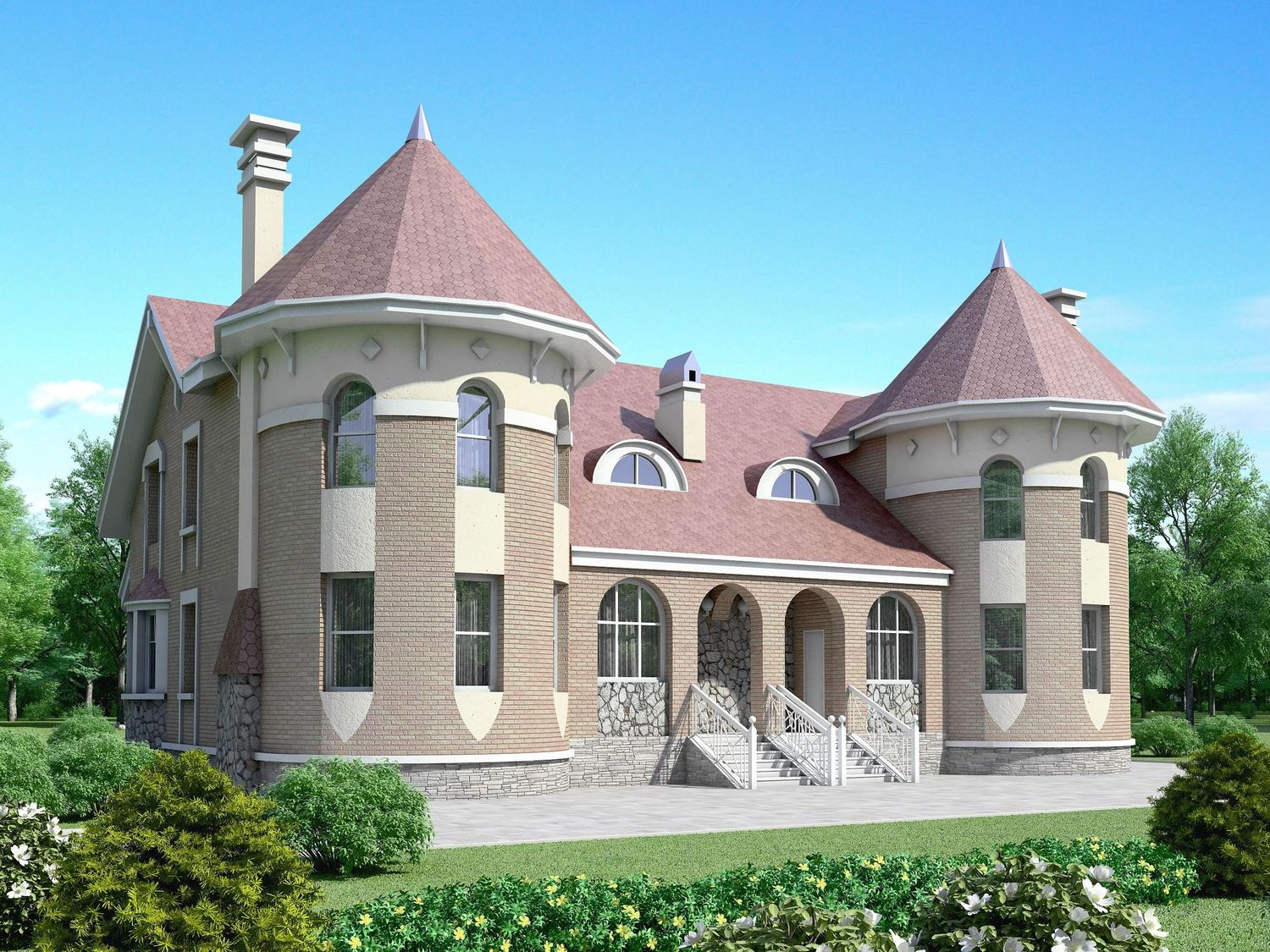 Превью для проекта в портфолио ««Брат» - проект двухэтажного дома дуплекс, с эркером башня, с арками на входе»